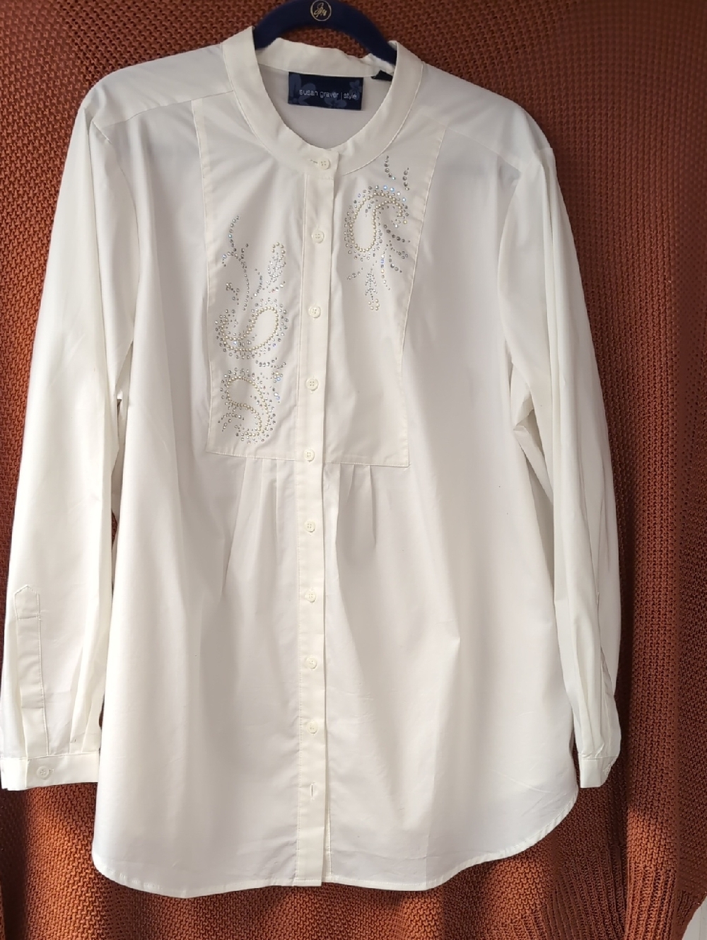 Susan Graver Cream Button-Front Tunic with Rhinestone Detail